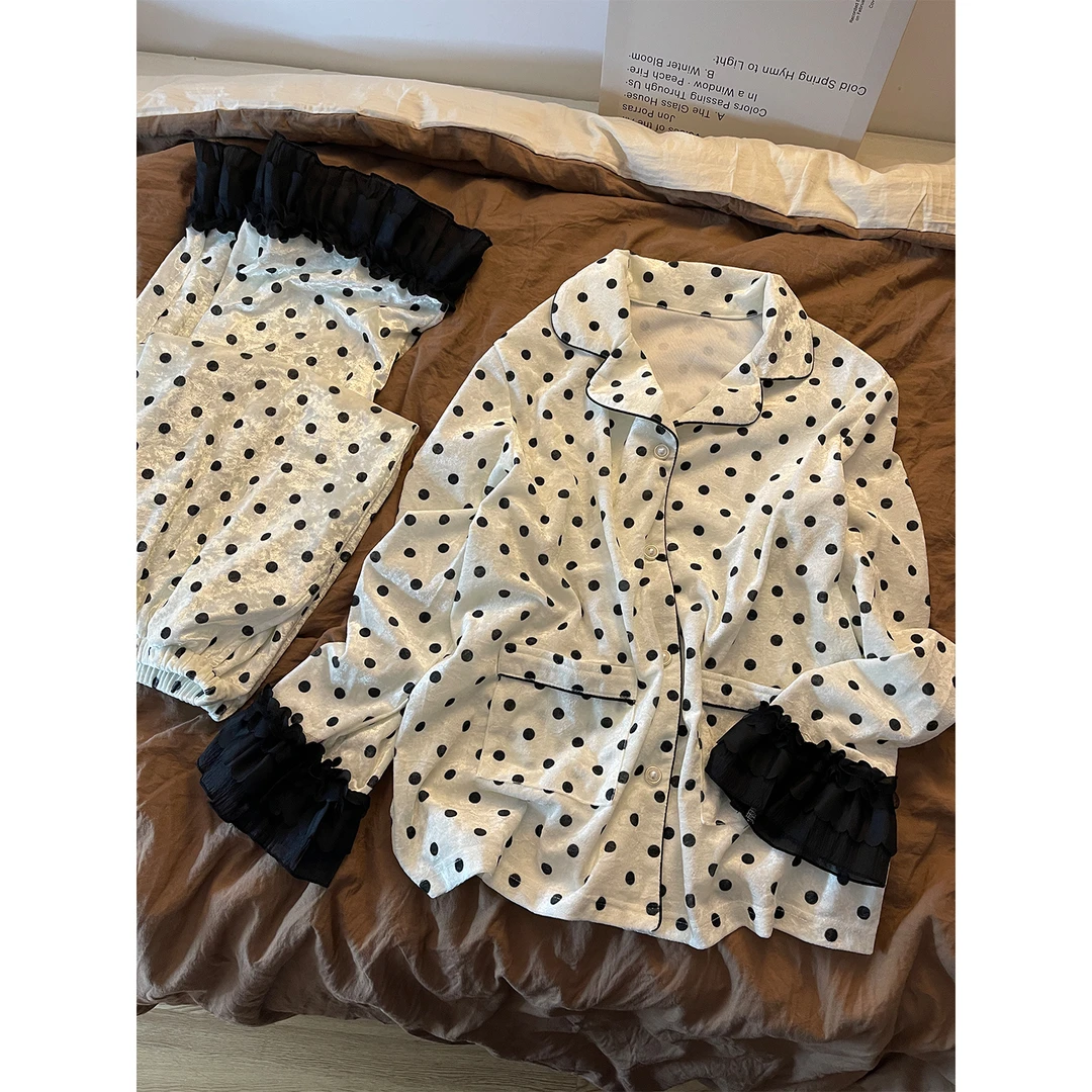 2025新款波点蕾丝花边睡衣女长袖长裤复古甜美大码家居服套装