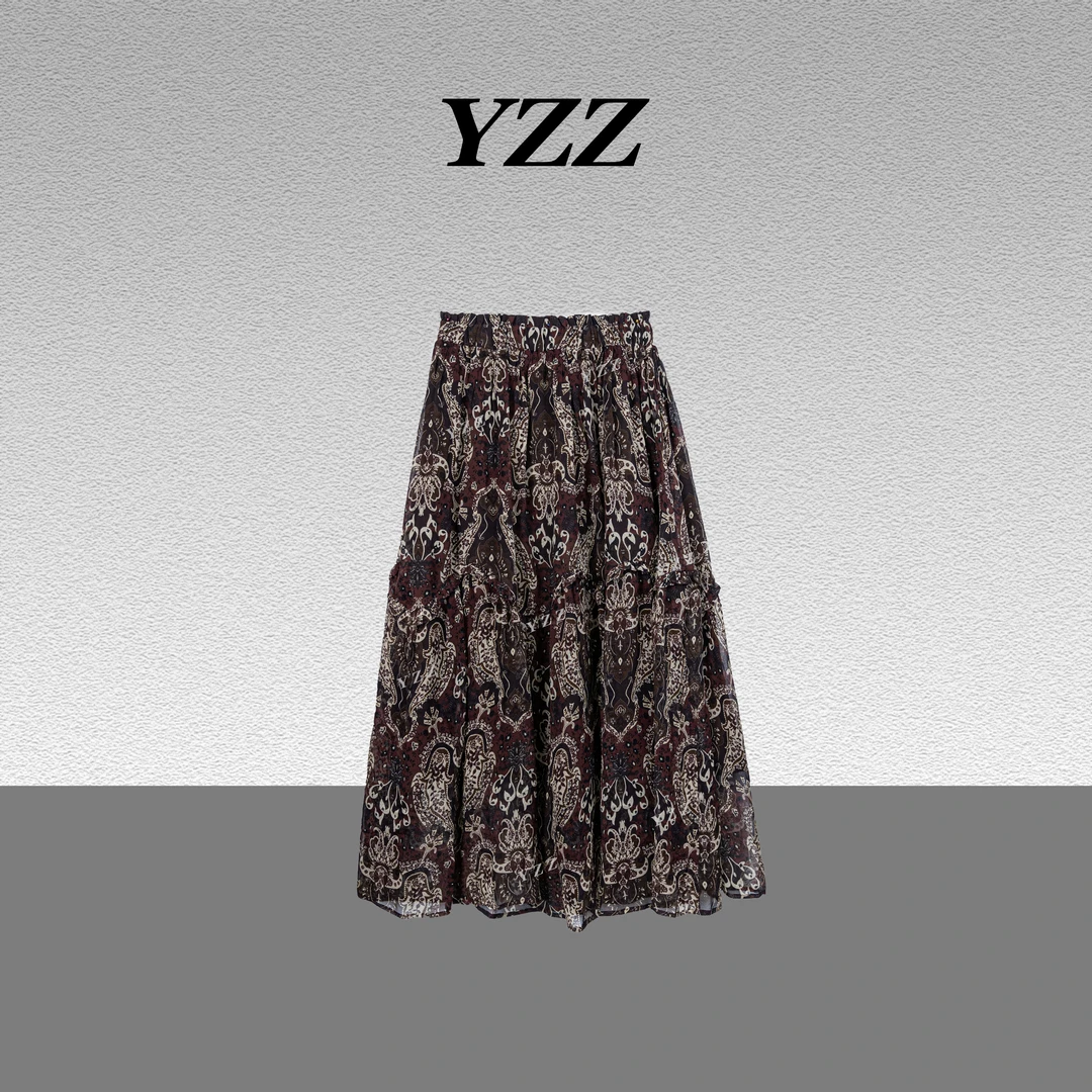 YZZ“嫣色”气质度假风定制印花弹力腰异域风情半身裙 680089