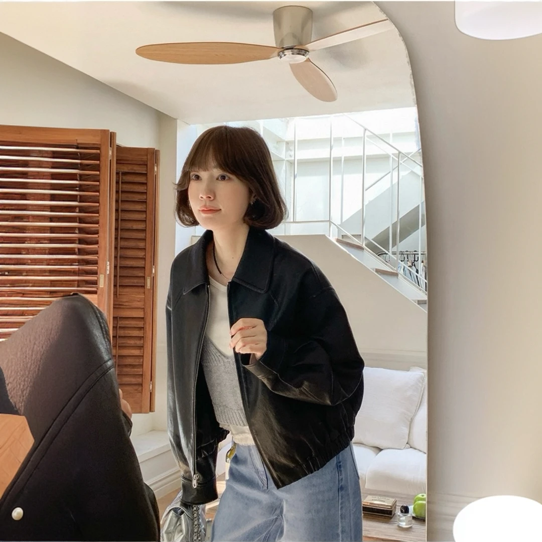 潮流胶片 新款黑+棕双版本早秋皮衣外套女短款夹克