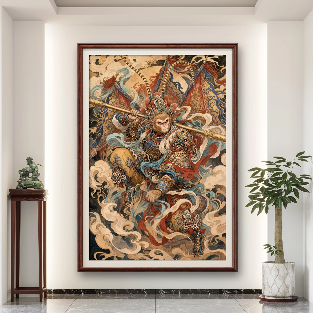 张俊龙原创油画齐天大圣孙悟空茶室玄关装饰版画新中式背景挂画