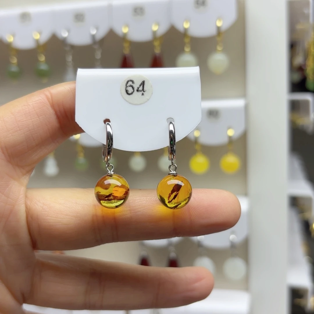 琥珀（花珀）银S925镶嵌耳饰