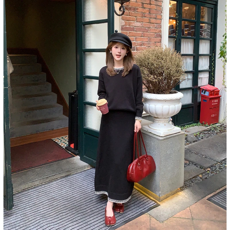FUGUI RICH【黑桃夹心】小个子秋季新款百搭上衣+半裙法式毛织套装
