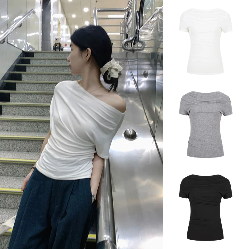 MosesQueen/魔西女王慵懒斜肩收腰t恤百搭时髦短袖一字领上衣女