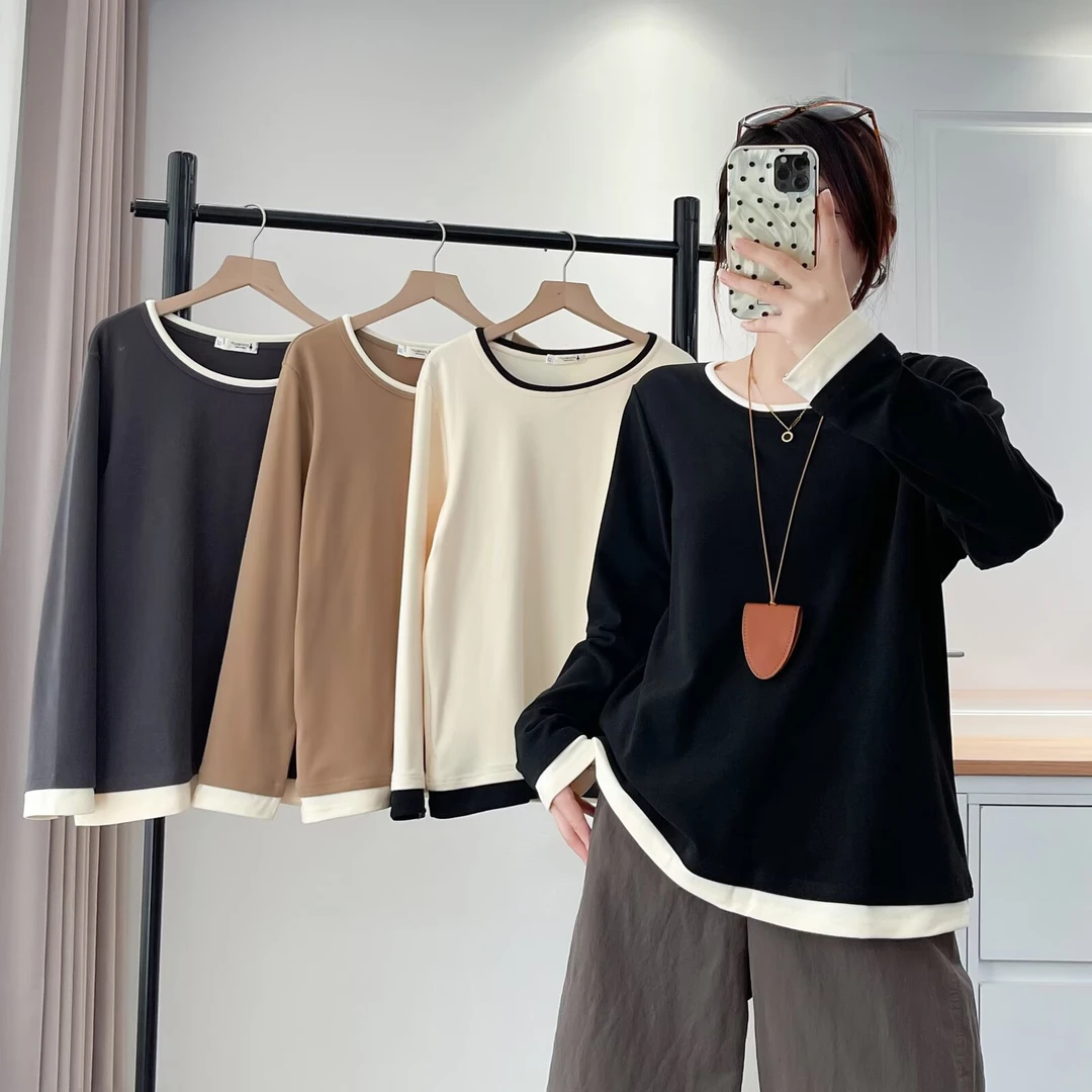 大码女装 极简风防静电圆领保暖吸汗T恤宽松型拼接长袖常规