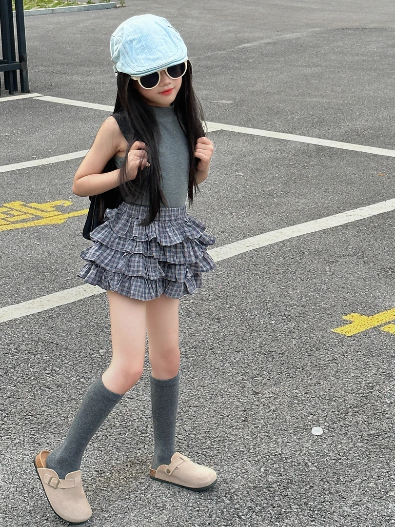 女童夏季套装2025新款炸街洋气格子蛋糕裙裤儿童两件套韩系夏装潮