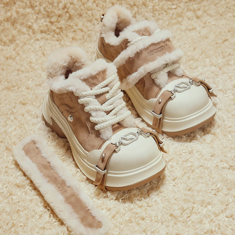 ABCICEY慕斯焦糖 冬季加绒加绒保暖羊毛老爹鞋防风厚底增高毛毛鞋