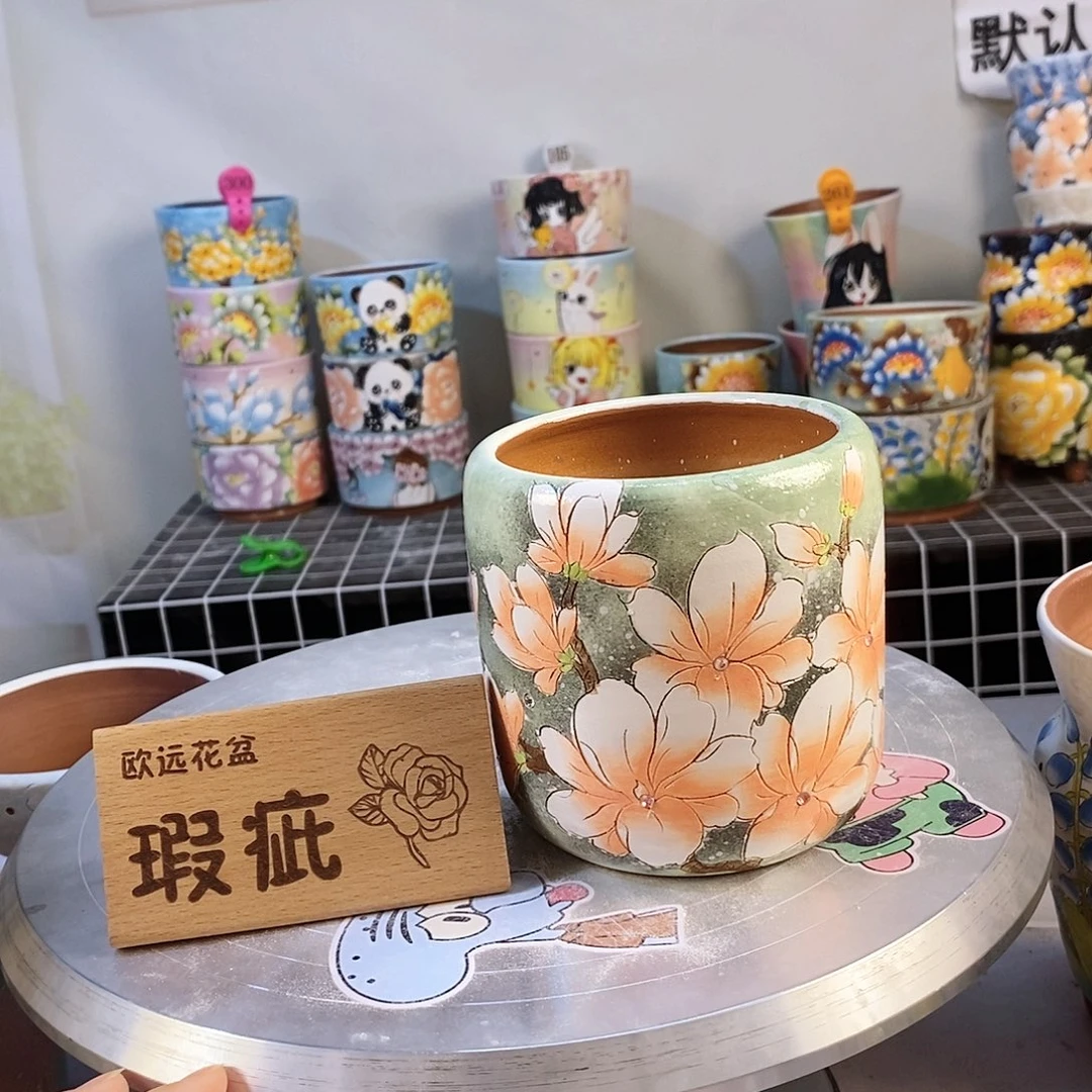 紫砂花盆红陶手绘花盆