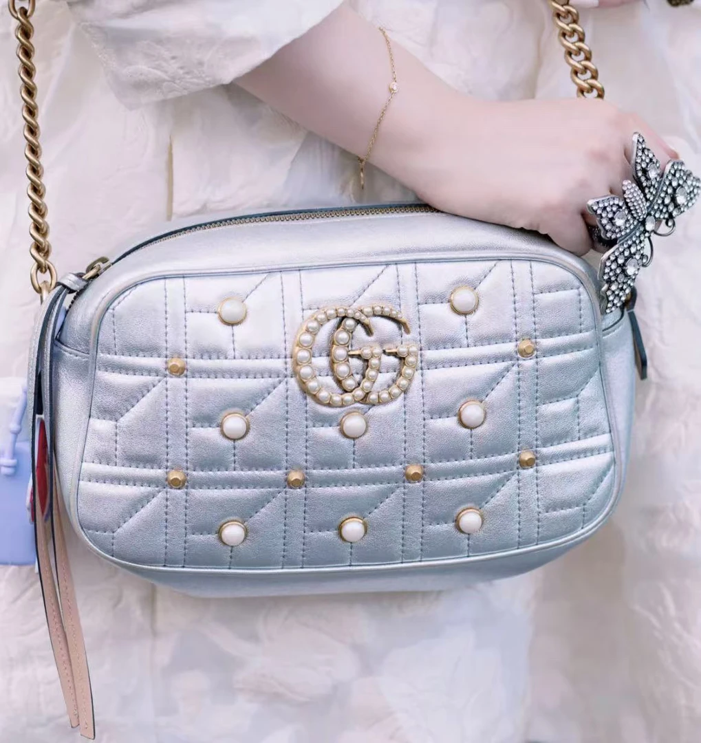 95新 GUCCI/古驰 古驰银色珍珠马蒙22单肩包