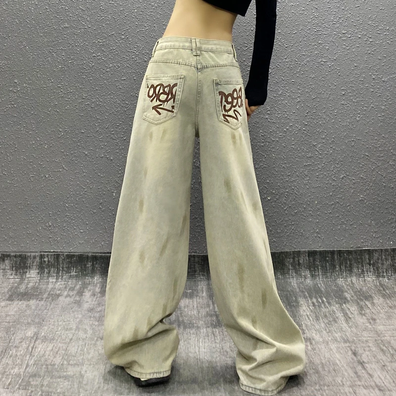 彩绘印花做旧休闲牛仔裤女春新款高腰宽松显瘦百搭直筒阔腿拖地裤