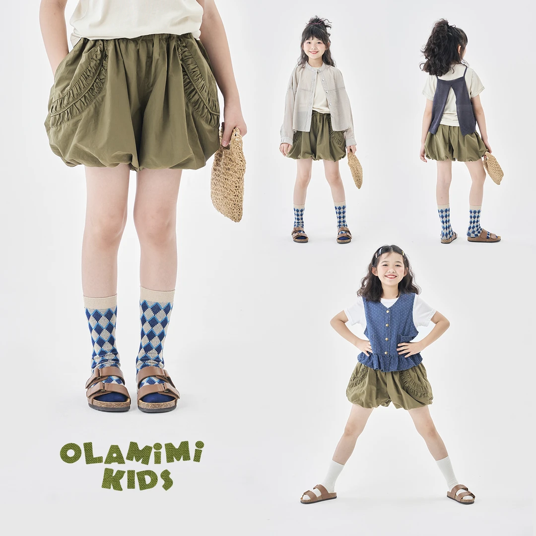 OLAMIMI定制 2025夏 亲子轻氧活力感褶皱纹理设计感灯笼泡泡短裤