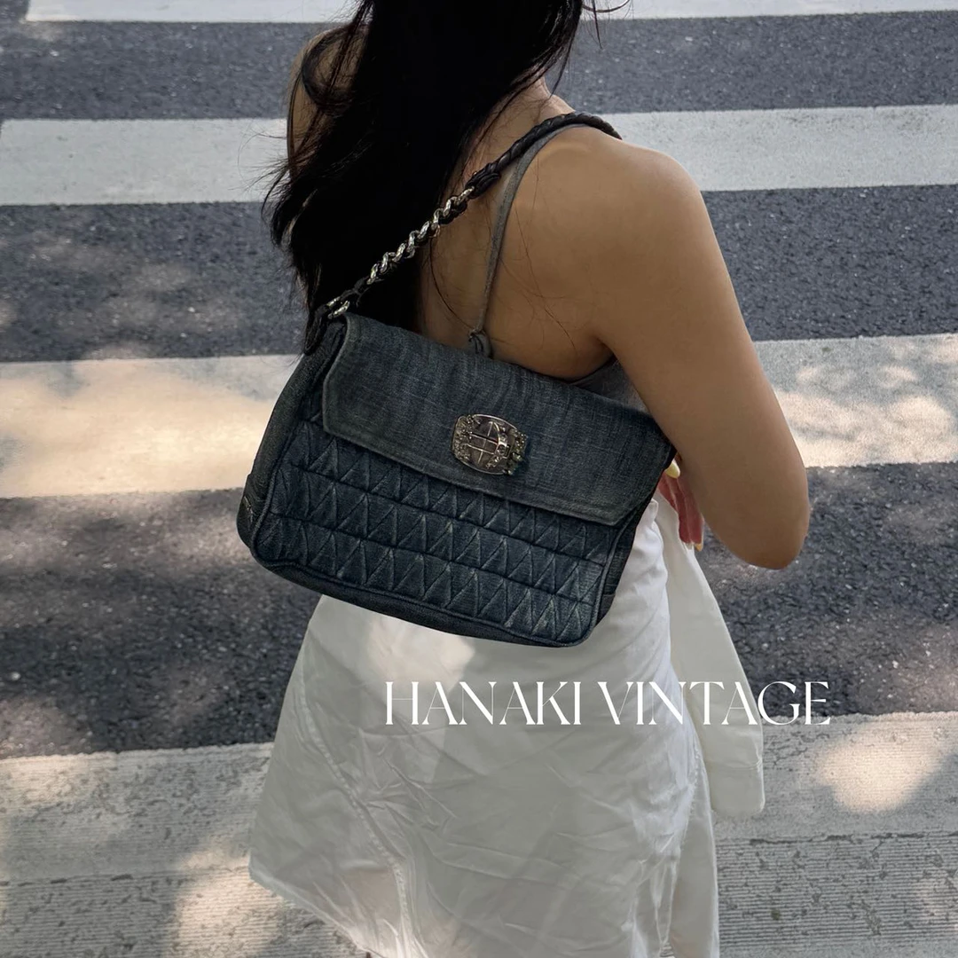 95新 MIU MIU/缪缪 花绮中古/MiuMiu缪缪牛仔钻扣单肩包