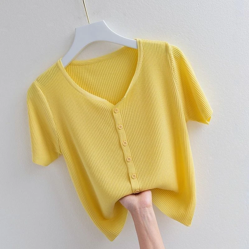 品牌折扣黄色冰丝针织短袖t恤女新款夏季法式v领洋气独特别致上衣