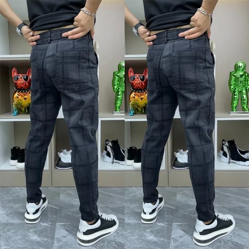 牛仔裤男士秋冬新款格子潮流百搭小脚哈伦裤修身弹力休闲束脚裤子