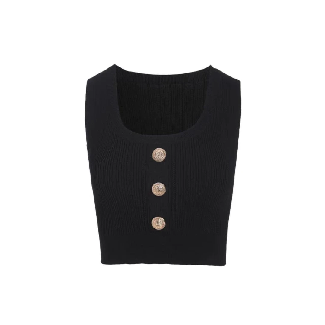 短款名媛辣妹打底内搭性感金属扣背心外穿高级感法式黑色背心0079