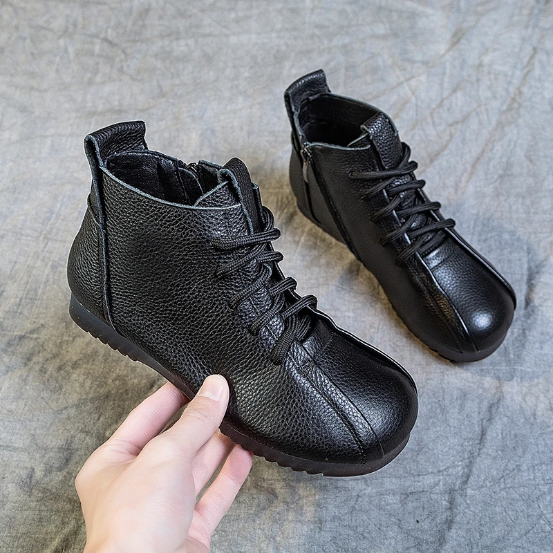 新款秋冬女短靴头层牛皮平跟软底软面手工复古高帮女棉鞋马丁靴