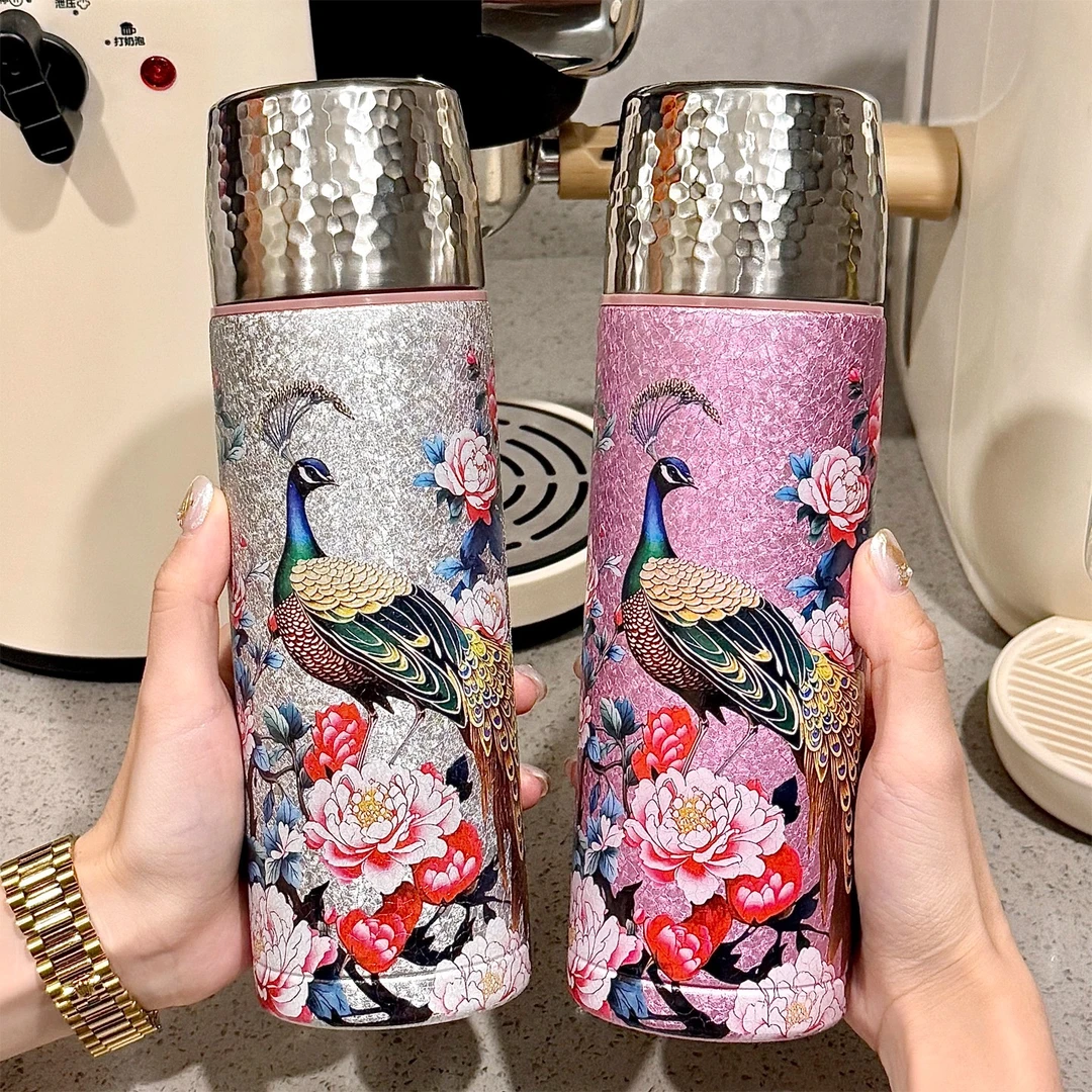 国风孔雀覆钛保温杯高颜值轻奢商务钛杯便携茶水分离养生泡茶水杯