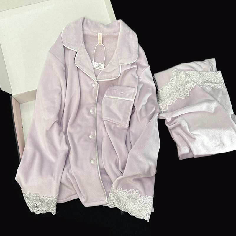 海岛绒睡衣女秋冬季2024新款加绒加厚保暖气质蕾丝简约家居服套装