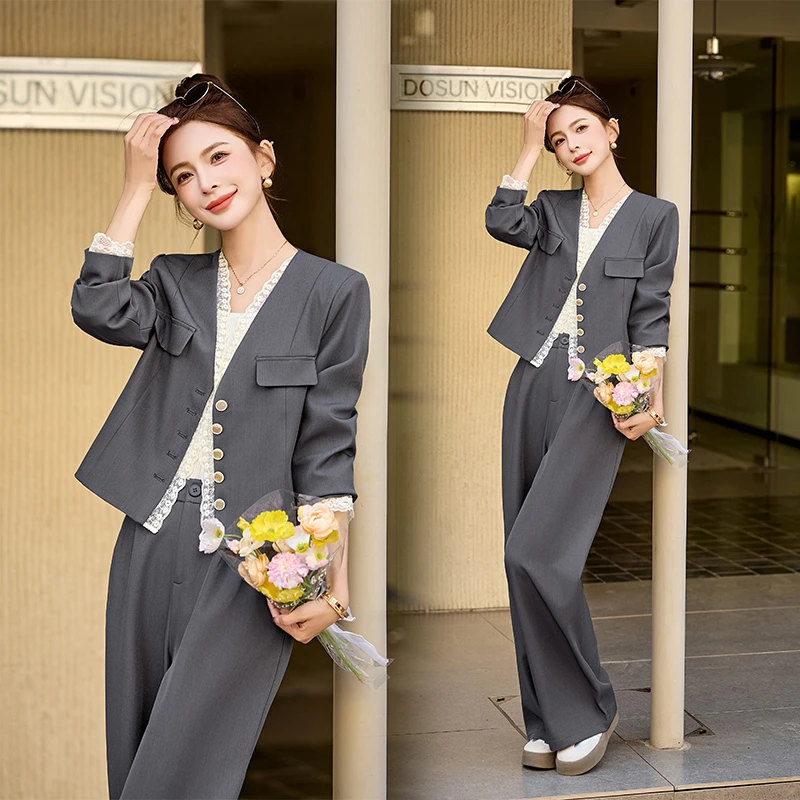 法式职业蕾丝拼接西装套装女2025春秋新款高级感气质阔腿裤两件套