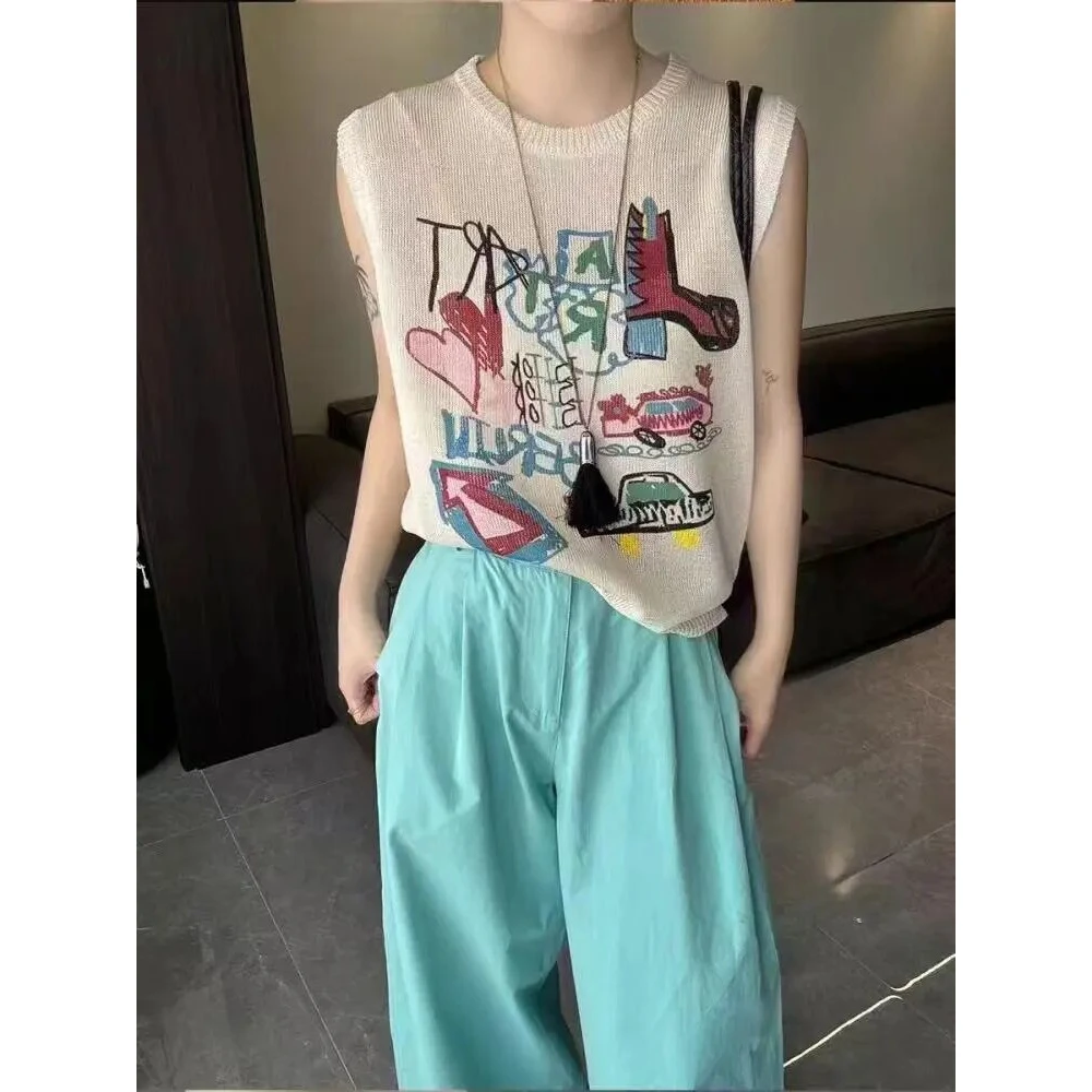 2【现货+运费险】无袖印花夏季型圆领毛短袖女款爆款25上衣女夏季