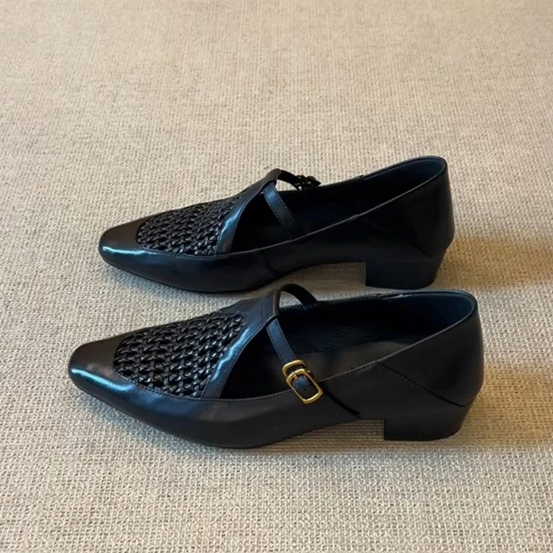 欧洲站【爆品清仓】真皮镂空女鞋2025新款夏季编织镂空单鞋丁字扣凉