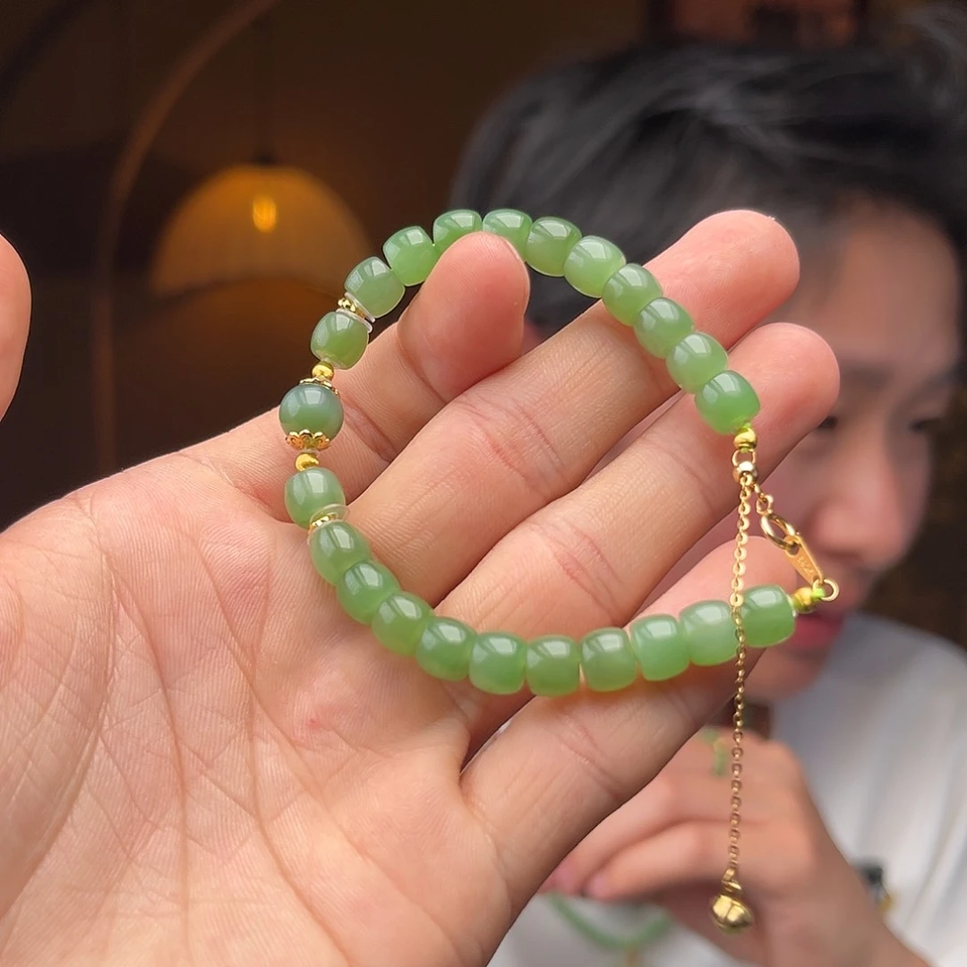 和田玉手链银S925镶嵌碧玉乌兰海直切设计款