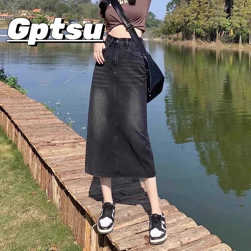 GPTSu牛仔半身裙女胖mm高腰遮肚子显瘦中长包臀裙小个子开叉a字裙
