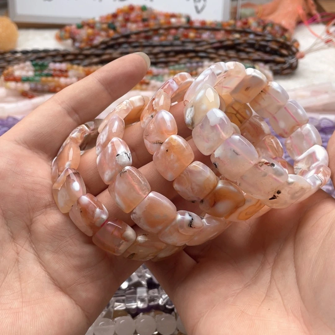 玛瑙/玉髓未镶嵌珠宝半成品一条装卡18原矿有瑕樱花玛瑙手牌