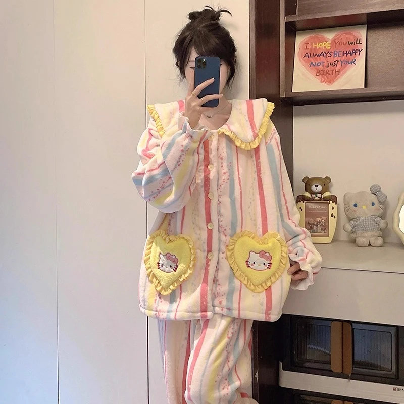 Hellokitty可爱睡衣女士冬季珊瑚绒加厚保暖法兰绒少女家居服套装