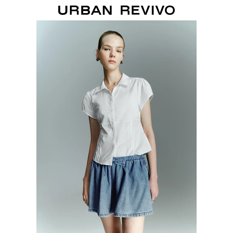 UR2025夏季新款女装欧若风高知感通勤系带短袖开襟衬衫UYY250021