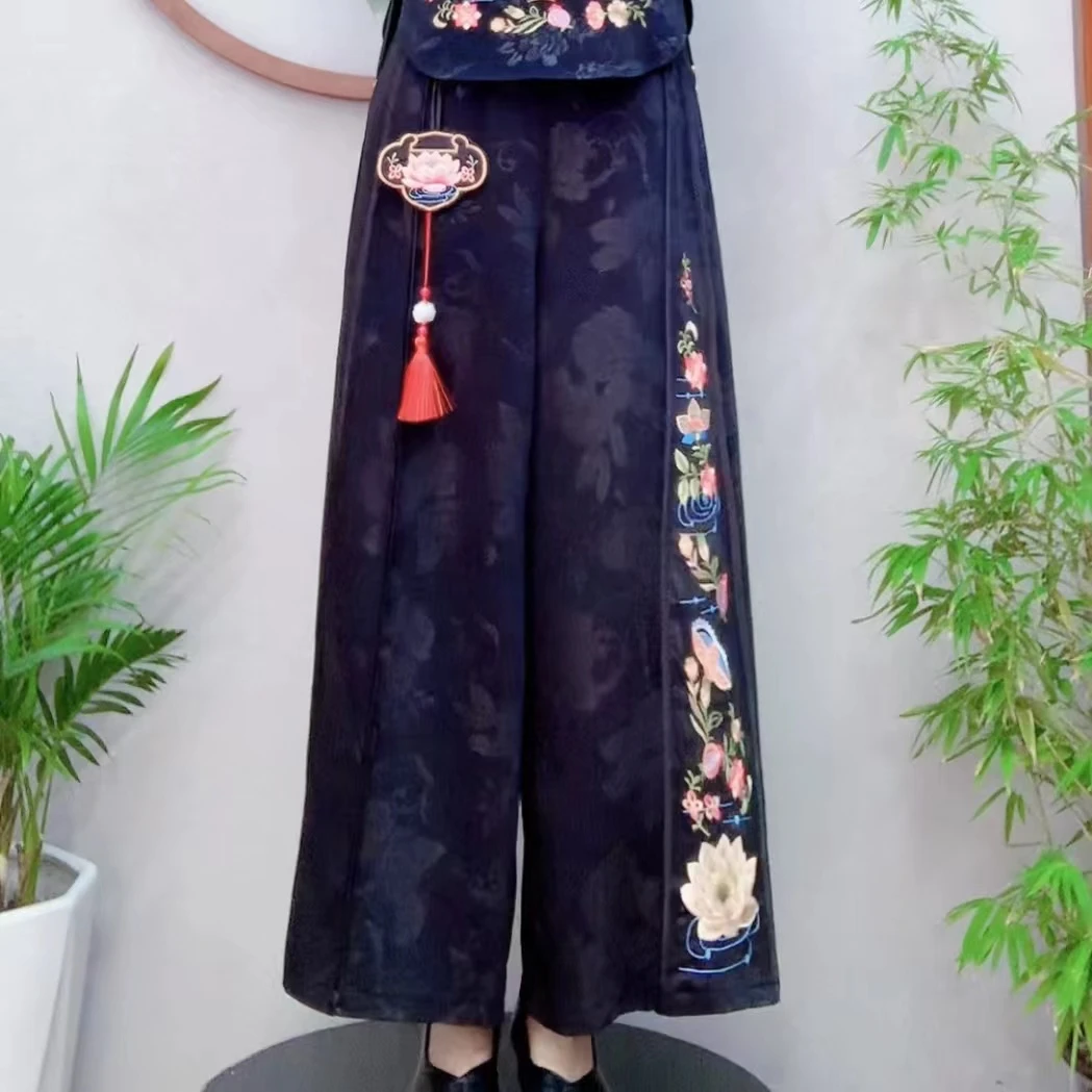 （裤长93左右）民族风莲花荷花流苏挂坠女刺绣高端裤子阔腿裤6107