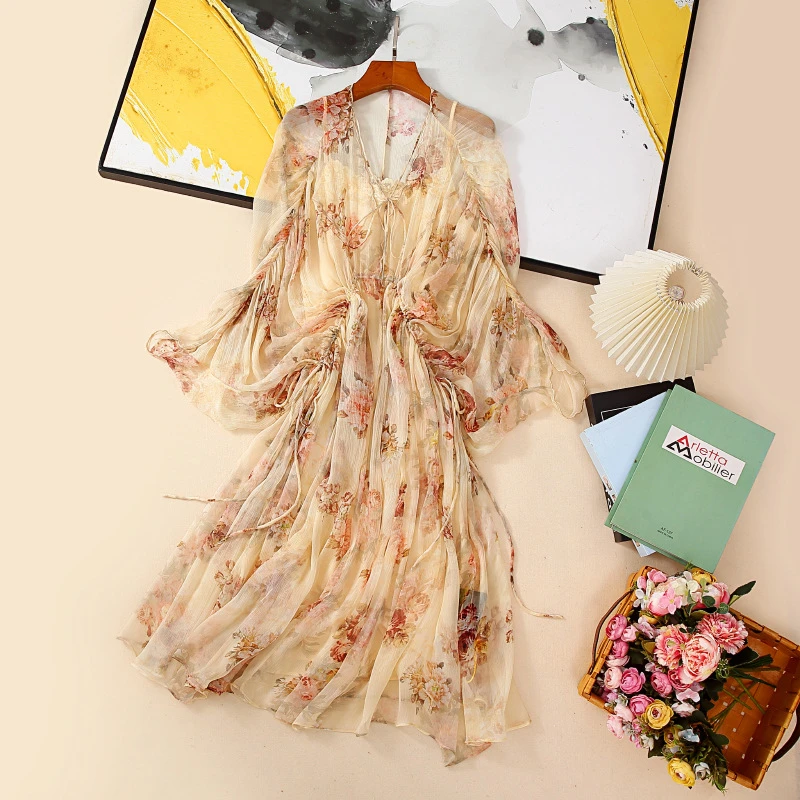 大码修身顺纡真丝碎花连衣裙2025春夏新款100桑蚕丝超仙短裙小众