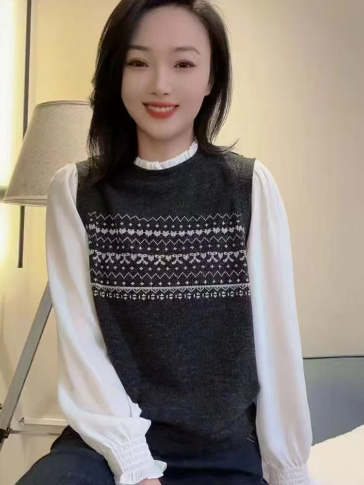 拼接文艺风印花长袖时尚小衫