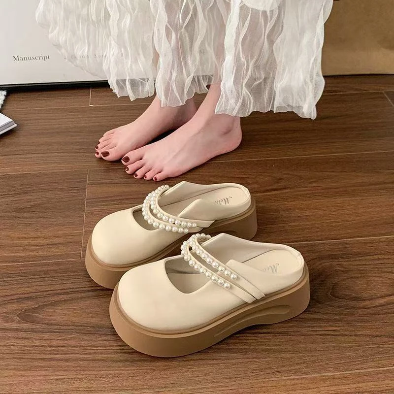 包头拖鞋女夏季2025年玛丽珍一脚蹬懒人单鞋新款松糕厚底增高珍珠