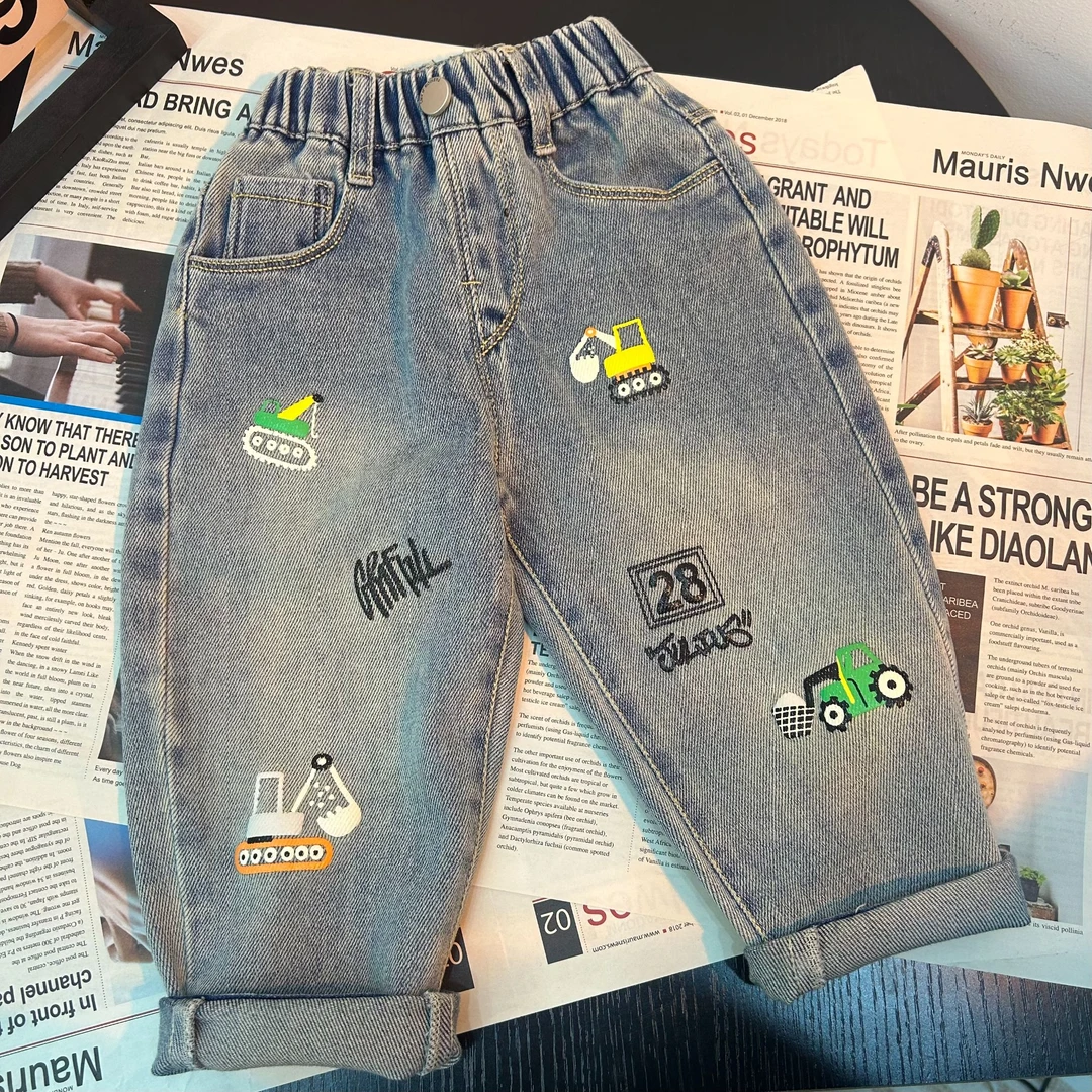 喜嘟童儿童牛仔裤男童长裤中小童春秋女童裤子挖掘机牛仔裤2510