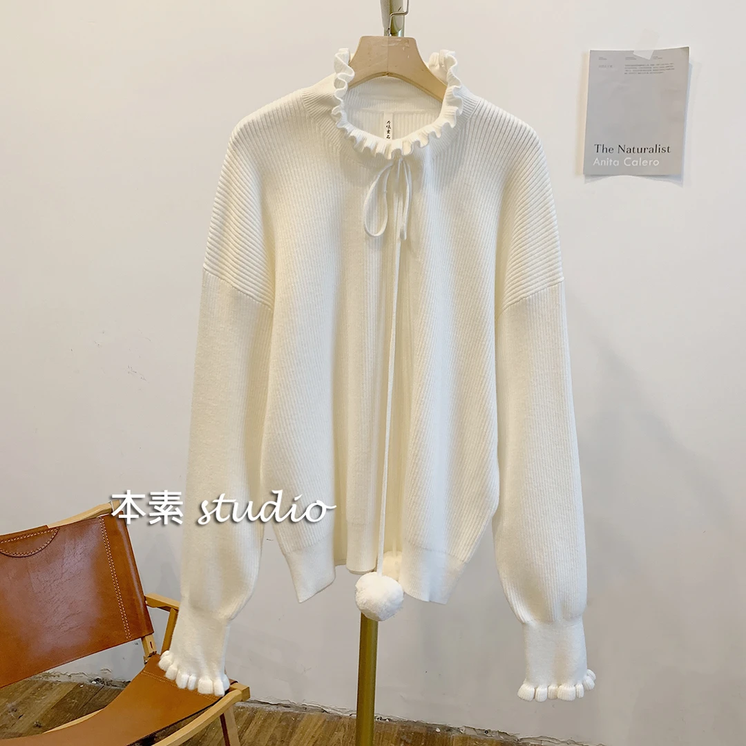 C1697纯色毛球系带木耳边立领针织衫