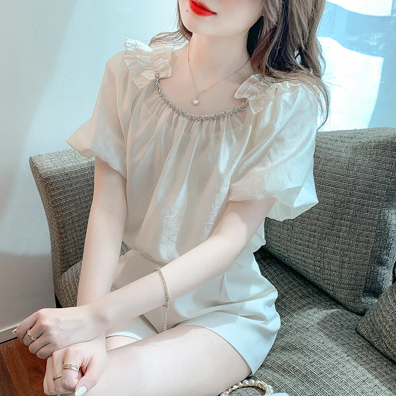 灯笼袖短袖2025夏季新款仙气蕾丝雪纺衫女士洋气仙气减龄上衣衬衫