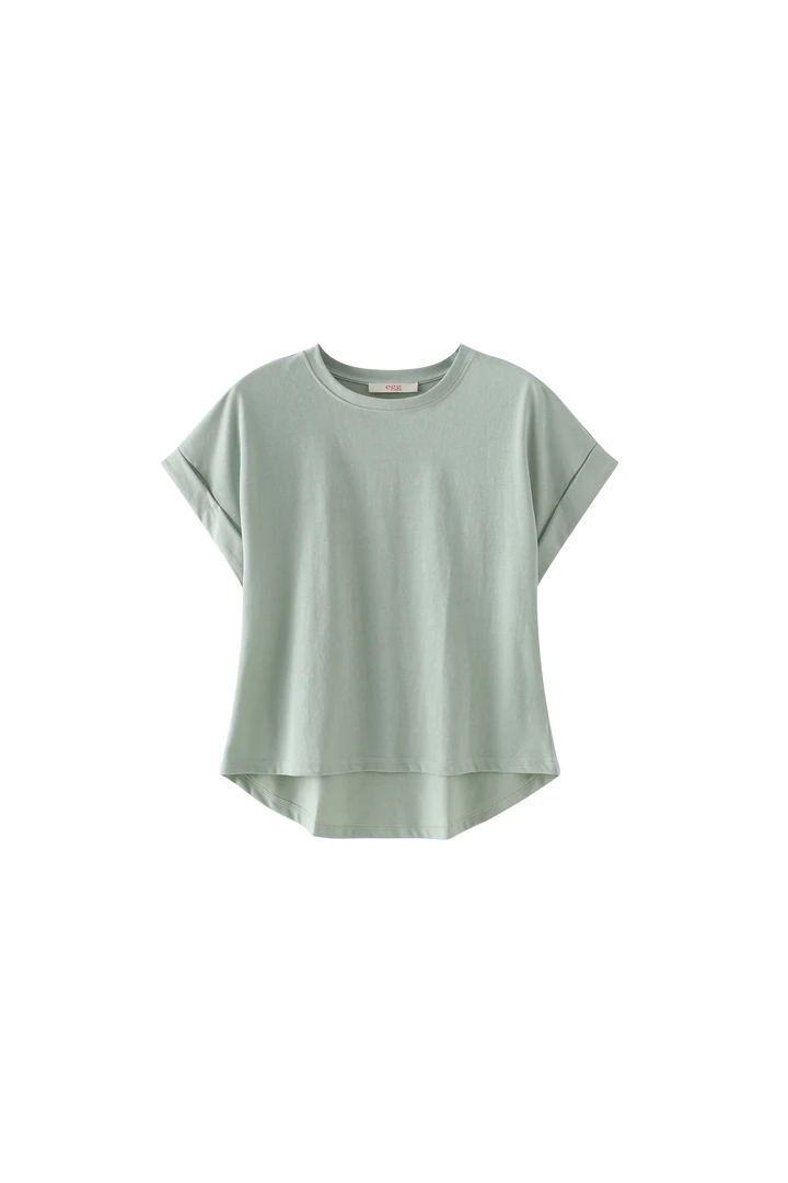 麻感棉百搭简约T恤纯色绿色透气设计感短款短袖文艺风气质拼接