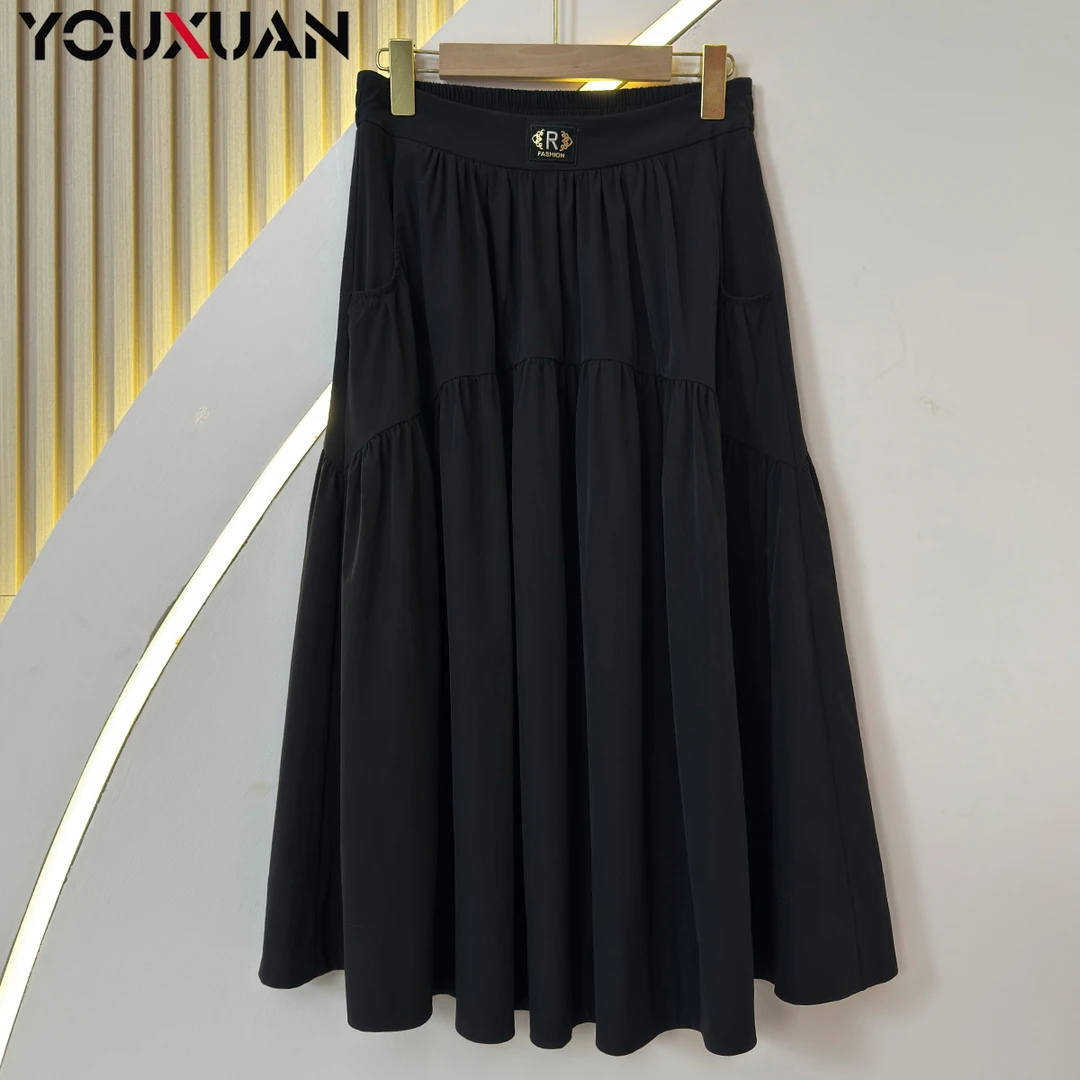 【高定】松紧腰黑色大摆中长款夏季日常百搭女士半身裙63638