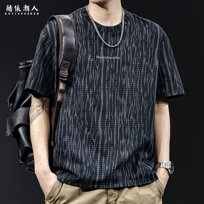 高端横纹提花短袖t恤男士宽松大码夏季2025新款衣服男装潮牌体恤