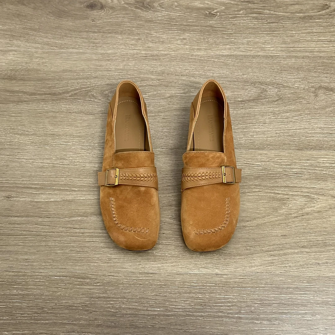 2025新款复古风圆头皮带扣乐福鞋百搭绒面编织一脚蹬粗跟单鞋秋季