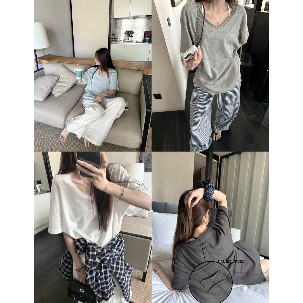 松弛感雪花肌理卷边V领短袖宽松慵懒T恤上衣女