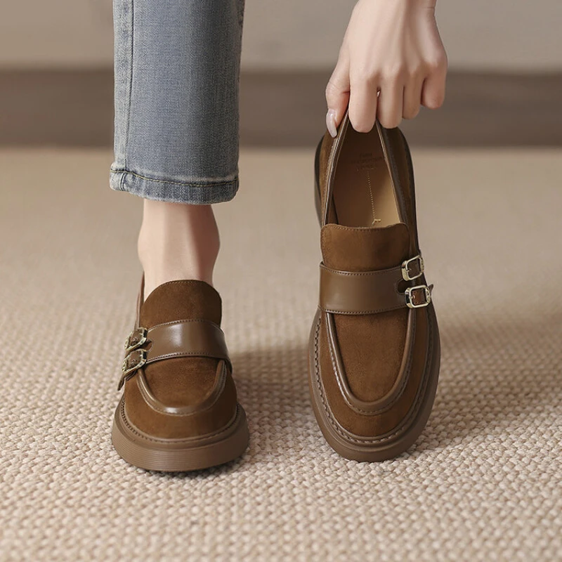 羊反绒乐福鞋2025春新款粗跟高跟气质休闲百搭女鞋5776