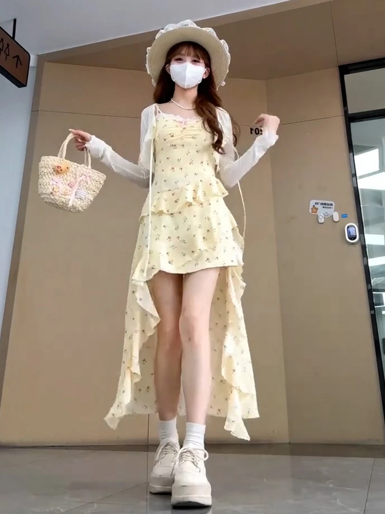 法式夏季碎花连衣裙开衫外搭套装女夏不规则吊带裙收腰开叉长裙