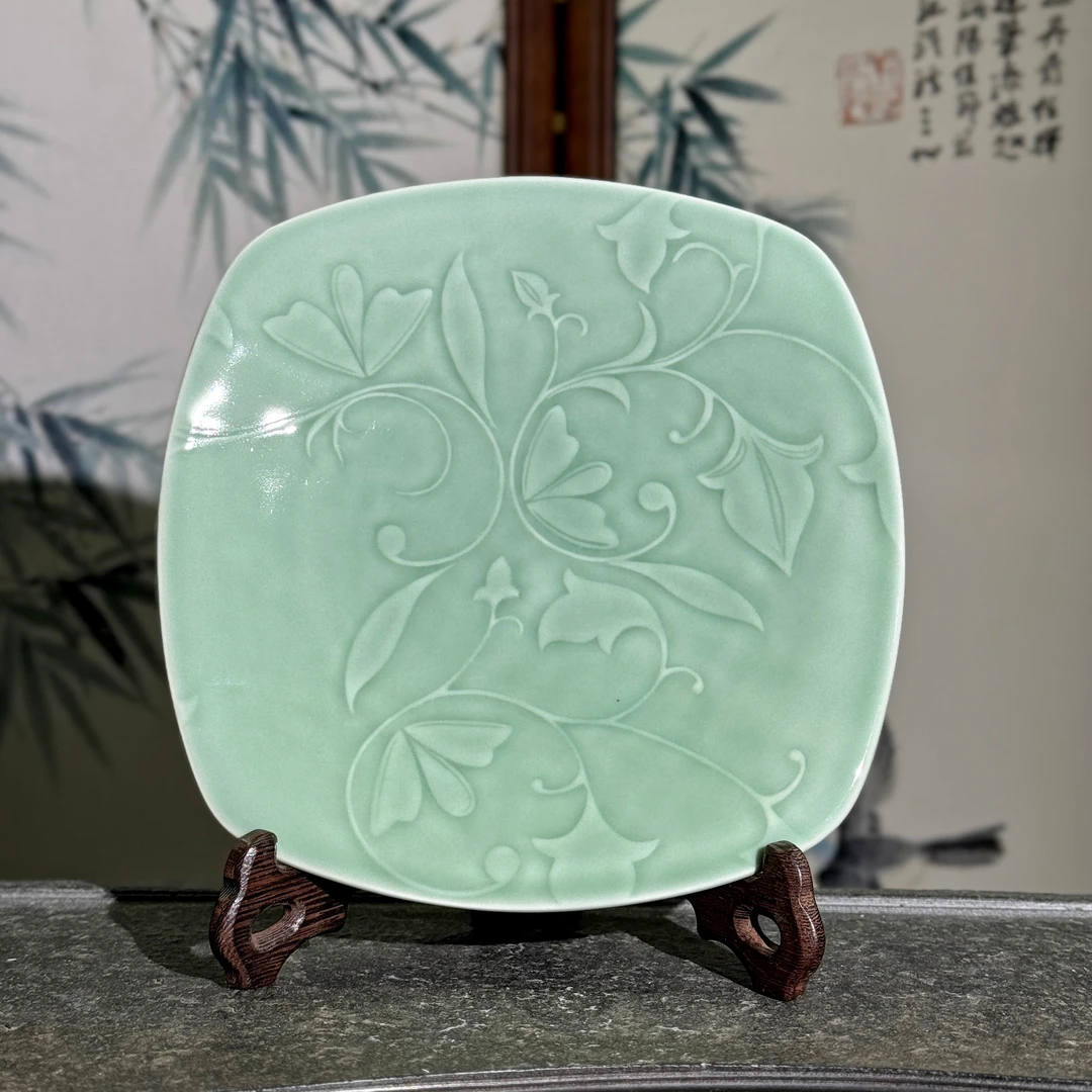 长安知己耀州窑原矿高温青瓷餐具中式家用陶瓷8英寸浮雕玉兰方盘