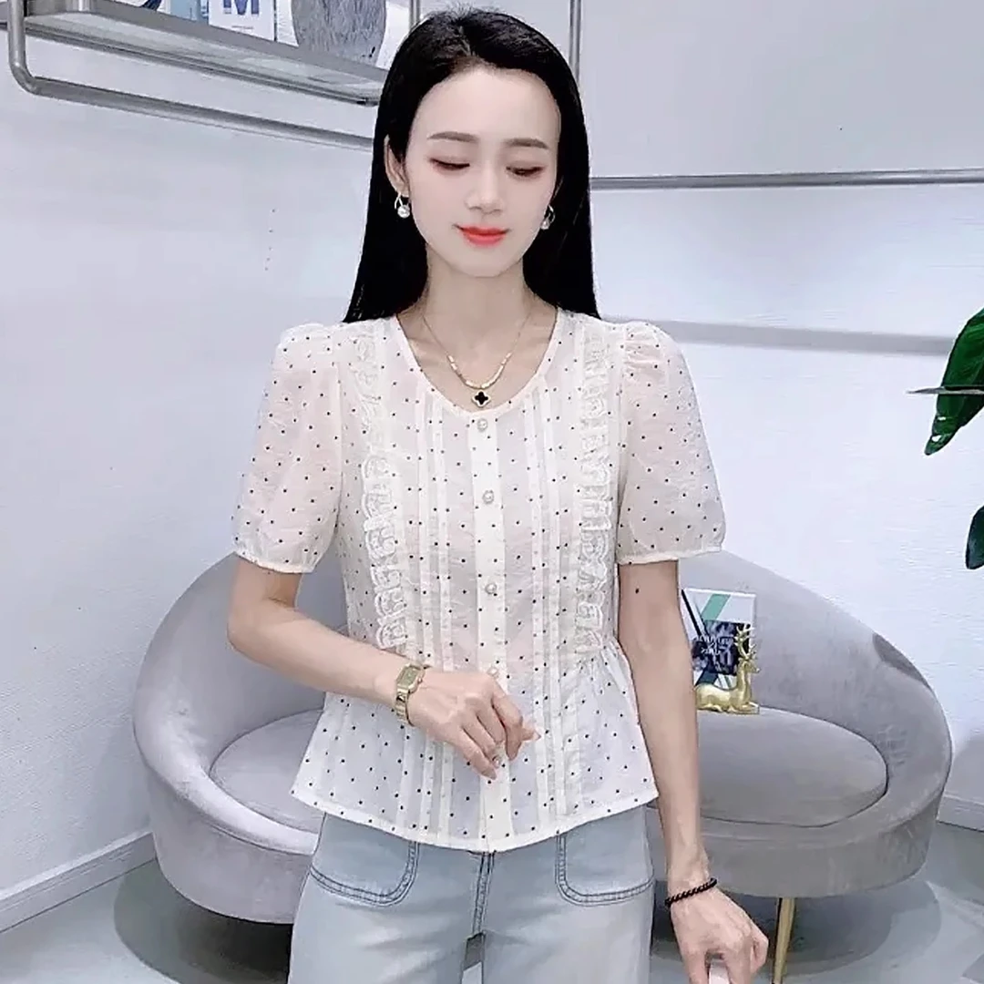 时尚波点短袖衬衫女2025夏季新款洋气显瘦宽松百搭减龄泡泡袖上衣