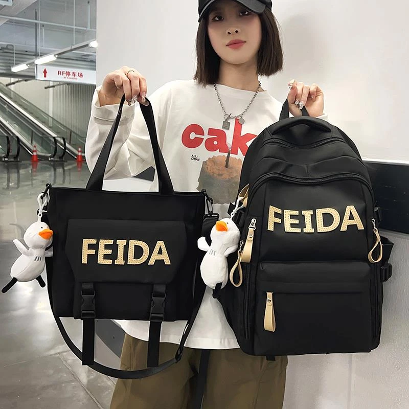 FAVMARTHA美式黑色书包女两件套高中生送补习袋女生手提包男初中