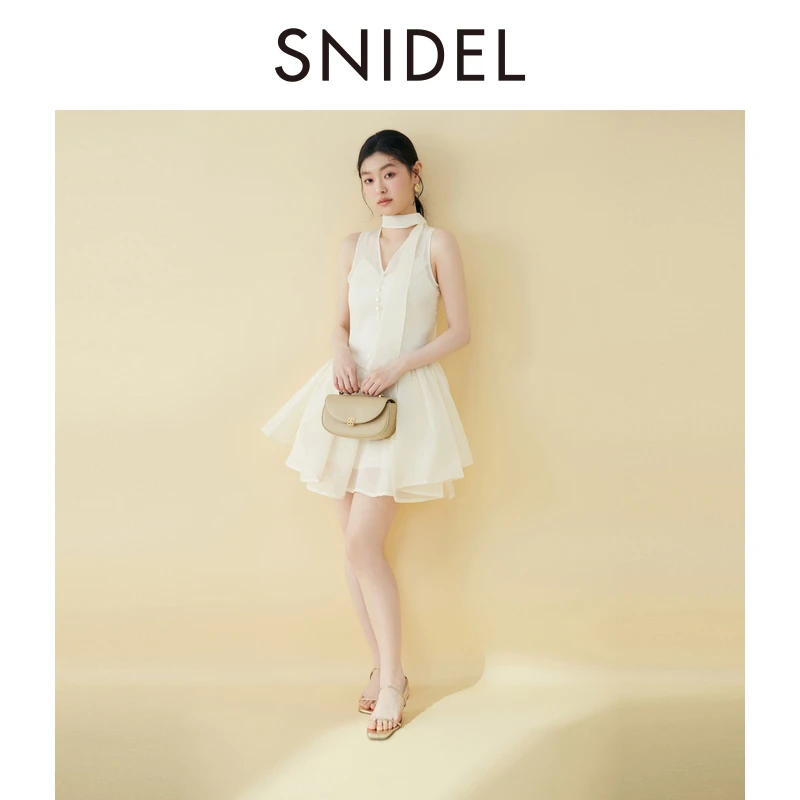 SNIDEL2025春夏新品千金风V领无袖蝴蝶结系带A字连衣裙SWFO251306