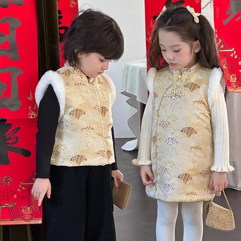 汉服男女童拜年服旗袍裙2025冬新中式女宝宝过年兄妹唐装国风马甲