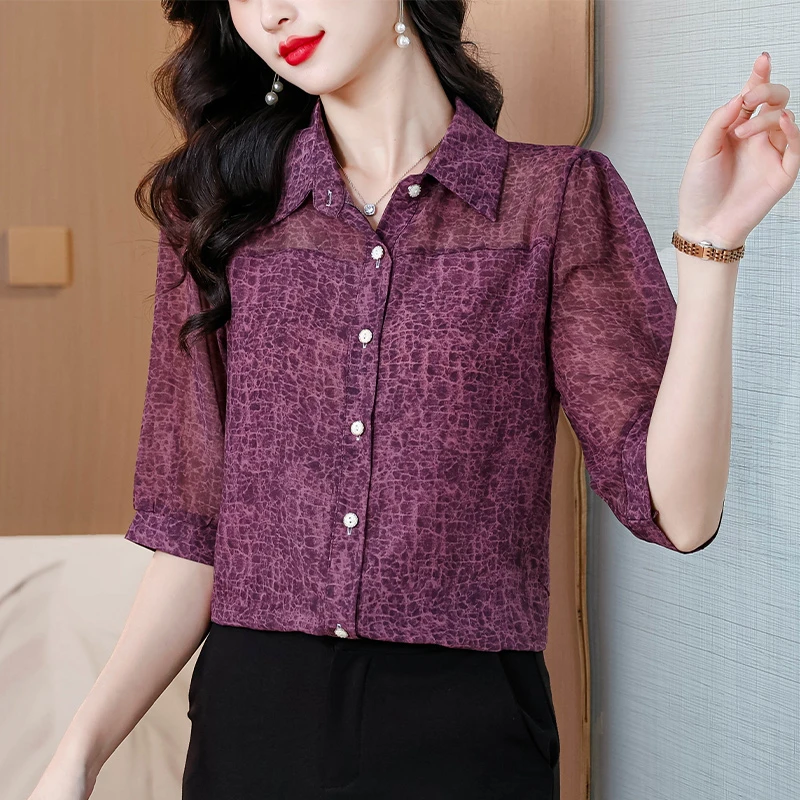 时尚减龄衬衫中年女装妈妈洋气质衬衣春夏新款高端短袖紫色上衣