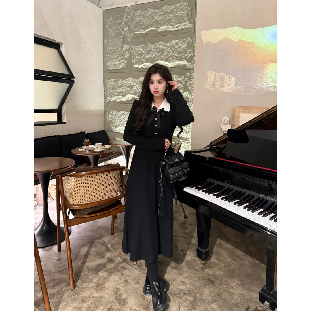 QC李潇洒微胖大码小香风气质针织裙蝴蝶结收腰显瘦打底连衣裙